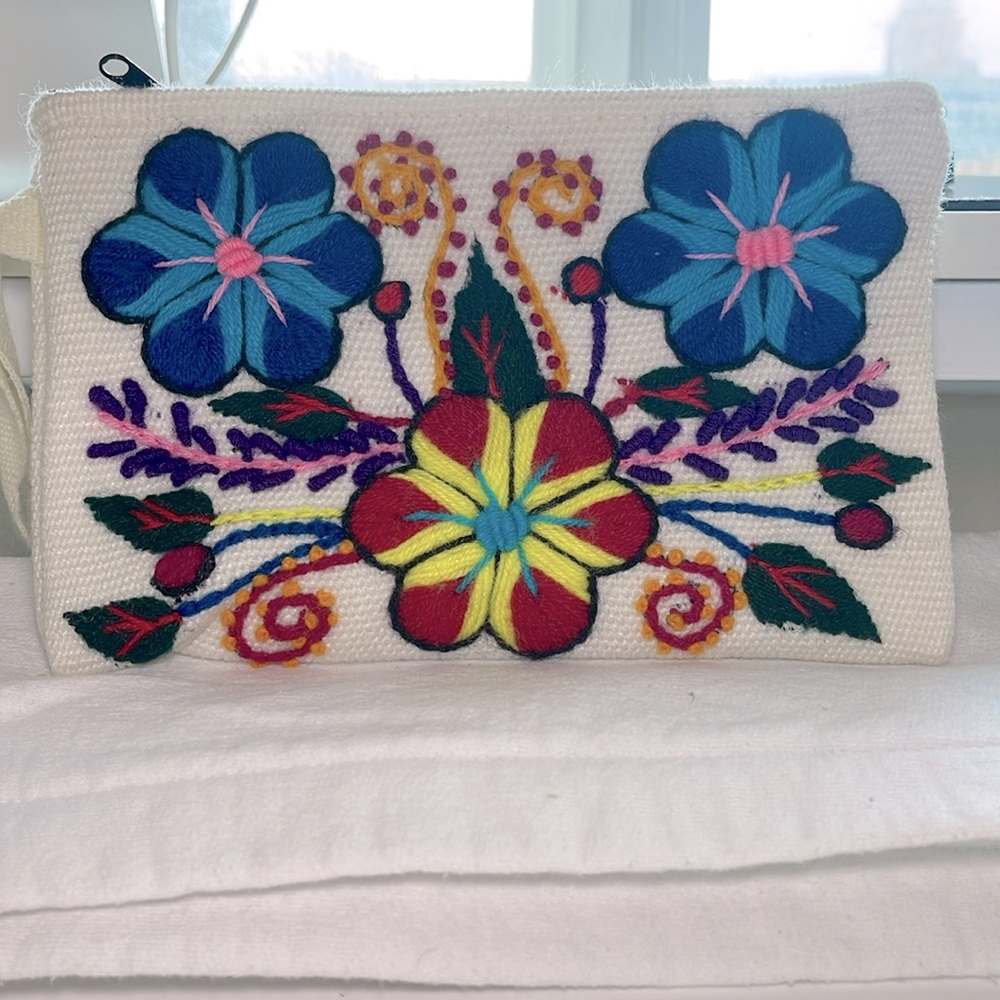 Floral Embroidered Alpaca Blend Clutch in Eggshell from Peru, 'Vibrant Flowers'
